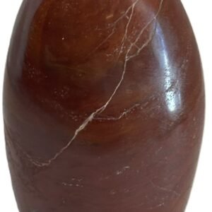 Polished carnelian standing freeform specimen5 4 sians emporium Polished reddish brown oval gemstone with a pale white vein running diagonally across its surface